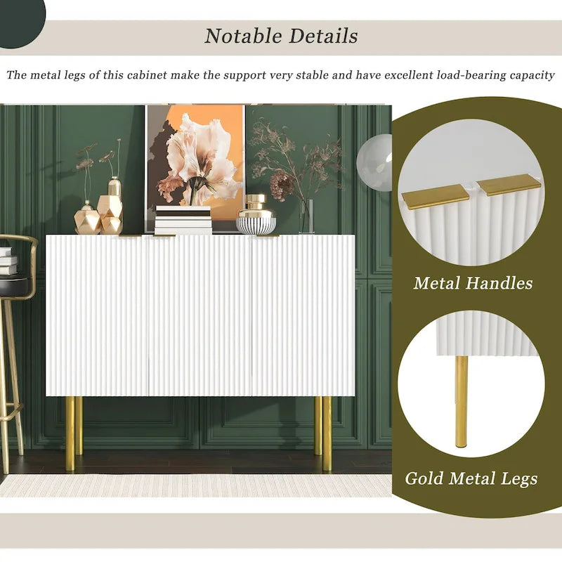 Fluted Door Sideboard Cabinet with Gold Metal Legs, Black or White