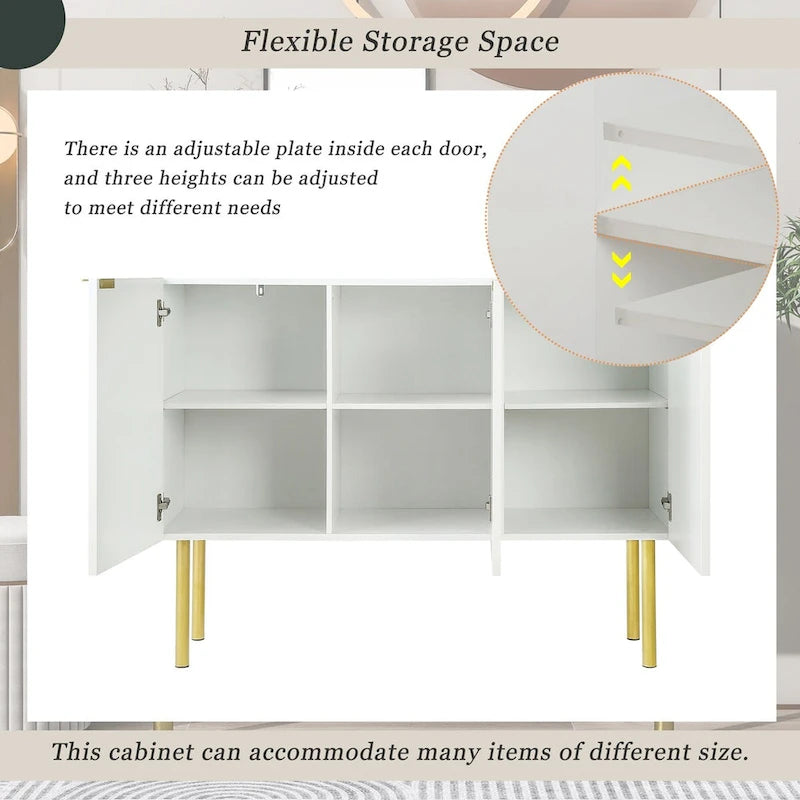 Fluted Door Sideboard Cabinet with Gold Metal Legs, Black or White