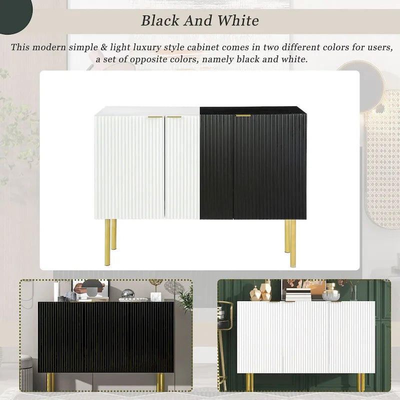 Fluted Door Sideboard Cabinet with Gold Metal Legs, Black or White