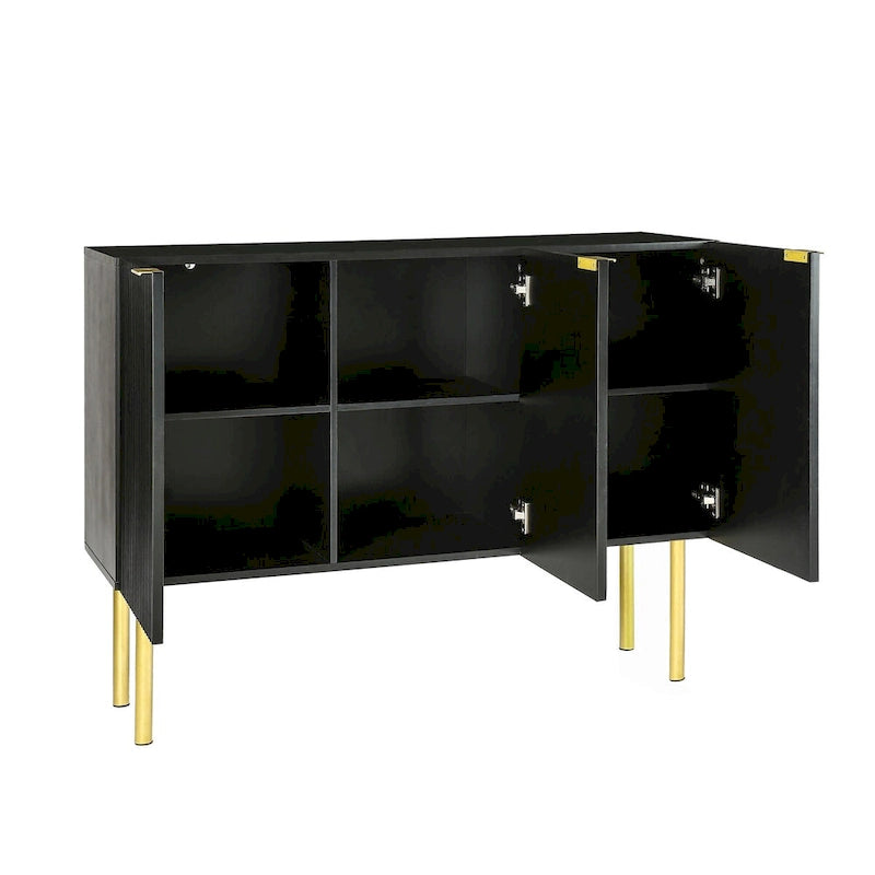 Fluted Door Sideboard Cabinet with Gold Metal Legs, Black or White