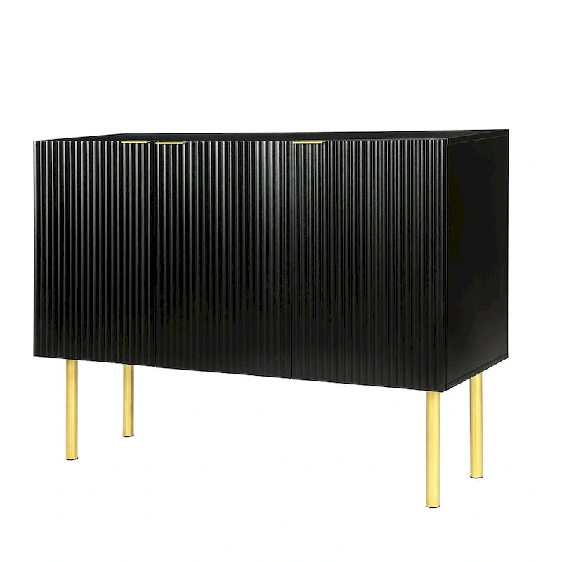 Fluted Door Sideboard Cabinet with Gold Metal Legs, Black or White