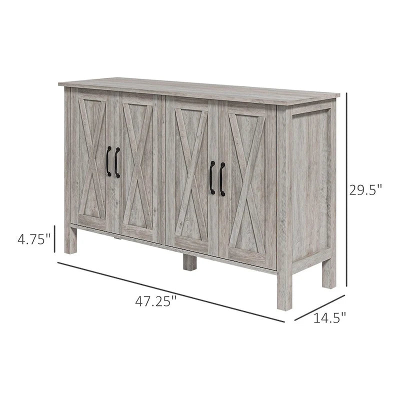 Farmhouse Buffet Cabinet with 4 Barn Doors Adjustable Shelves Gray