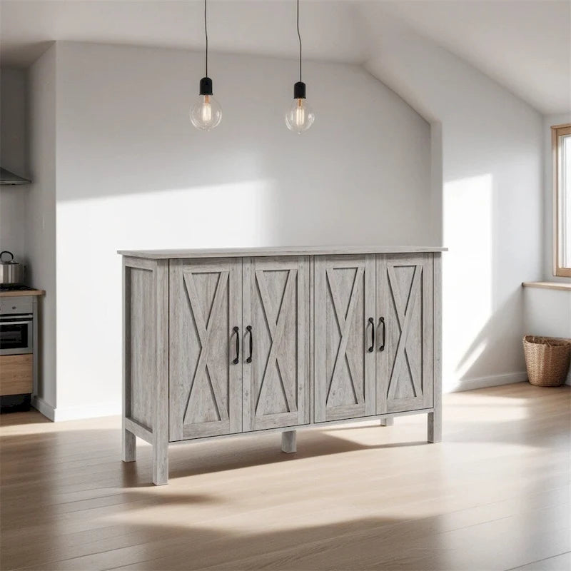Farmhouse Buffet Cabinet with 4 Barn Doors Adjustable Shelves Gray