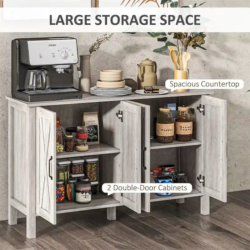 Farmhouse Buffet Cabinet with 4 Barn Doors Adjustable Shelves Gray