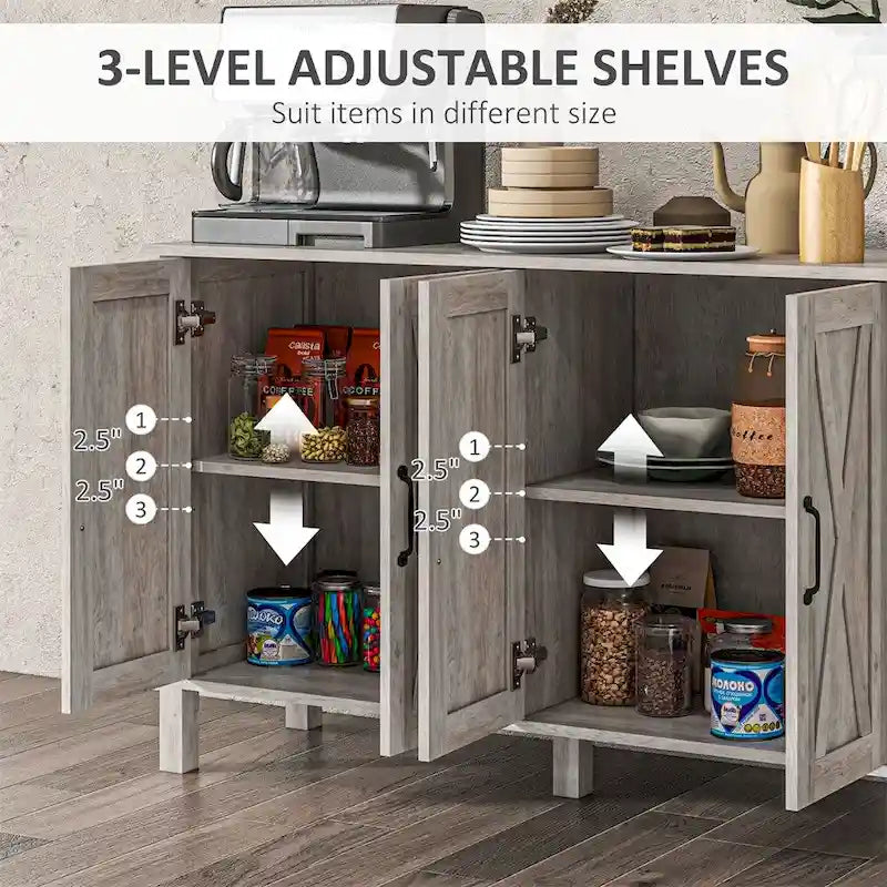 Farmhouse Buffet Cabinet with 4 Barn Doors Adjustable Shelves Gray