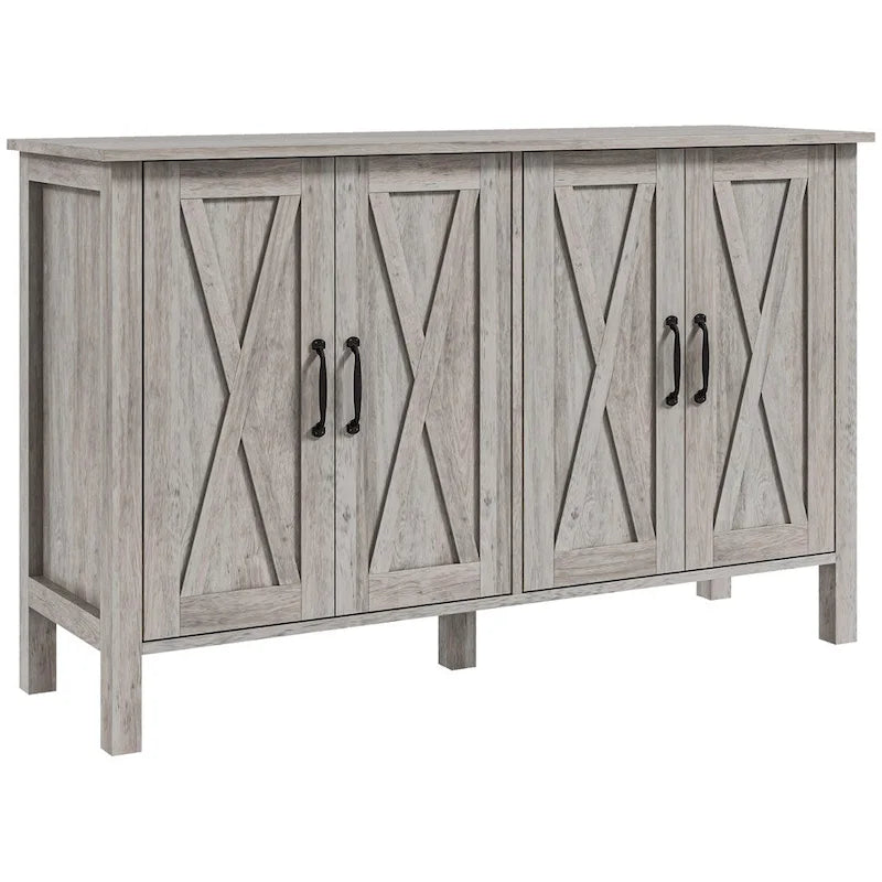 Farmhouse Buffet Cabinet with 4 Barn Doors Adjustable Shelves Gray