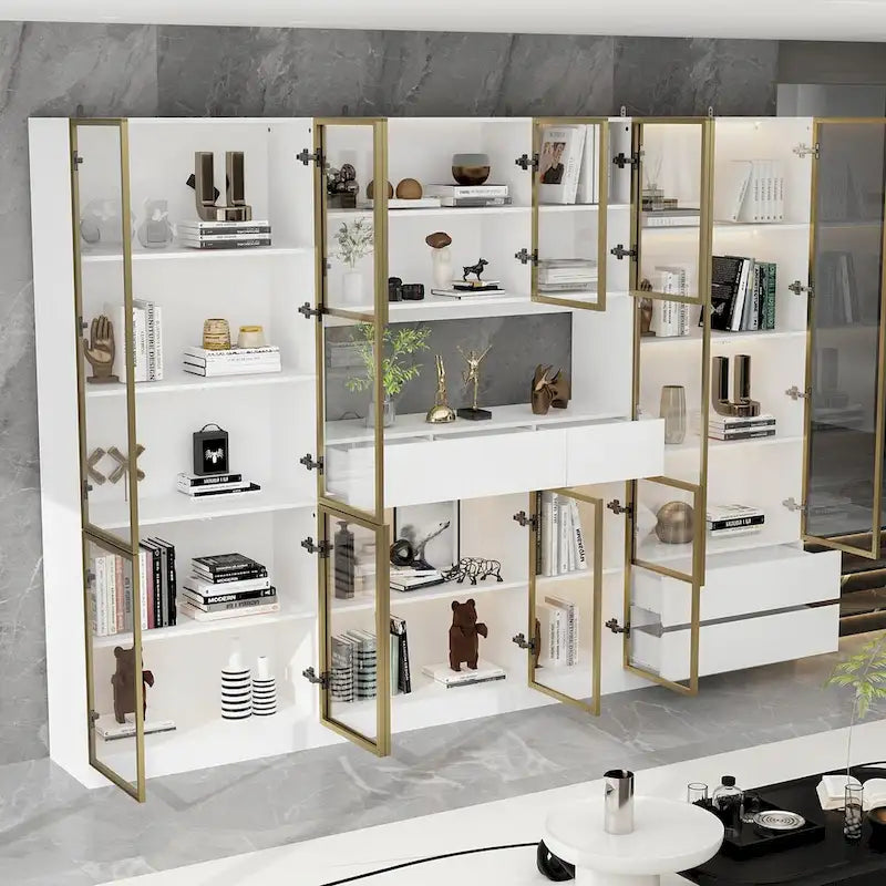 Tall Glass Door Display Cabinet with LED Lighting White Gold