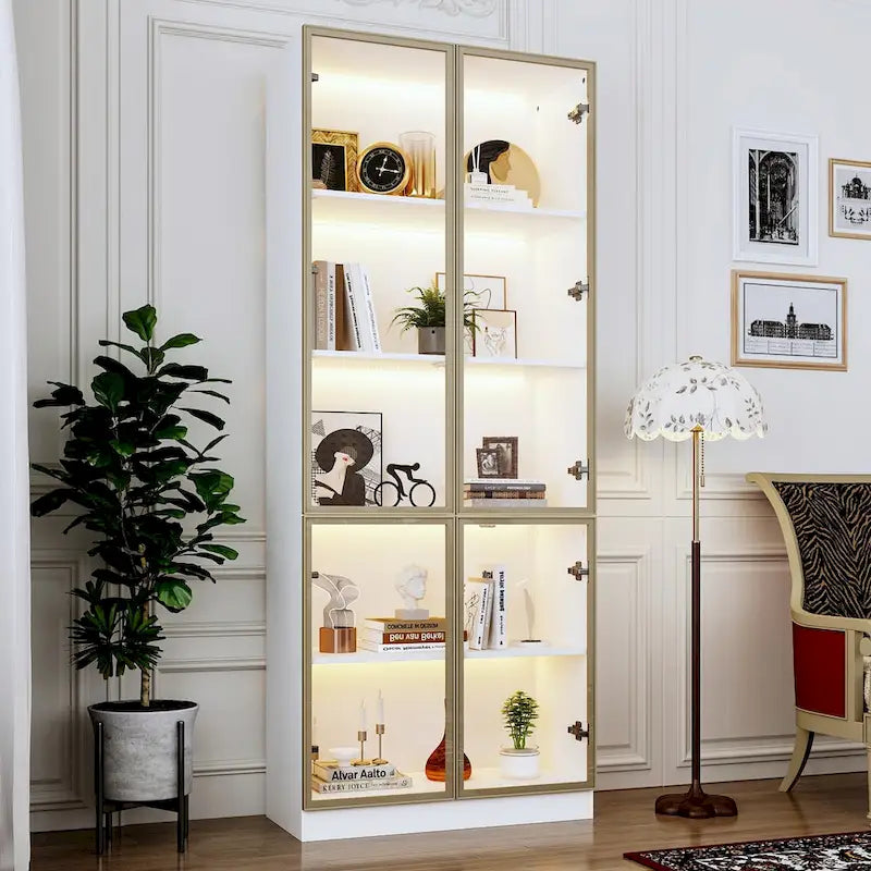 Tall Glass Door Display Cabinet with LED Lighting White Gold