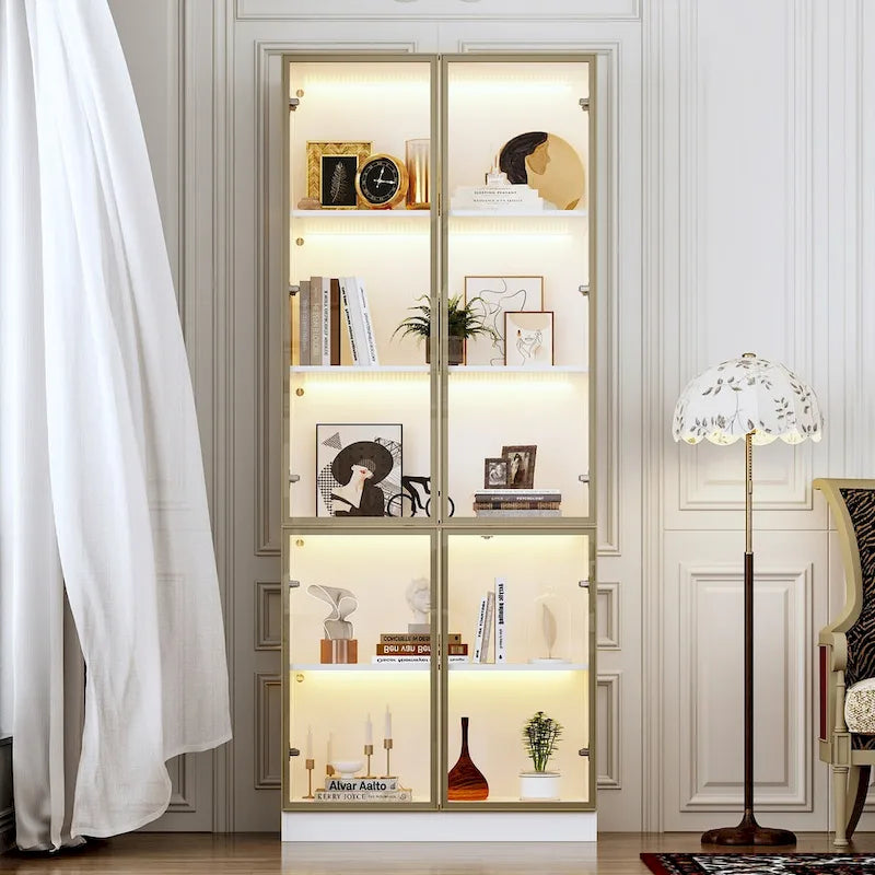 Tall Glass Door Display Cabinet with LED Lighting White Gold