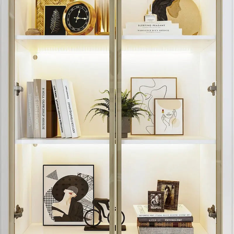 Tall Glass Door Display Cabinet with LED Lighting White Gold