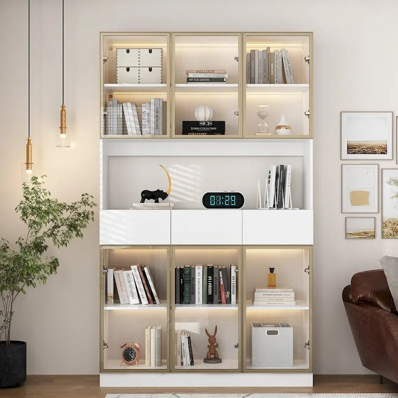 Tall Glass Door Display Cabinet with LED Lighting White Gold