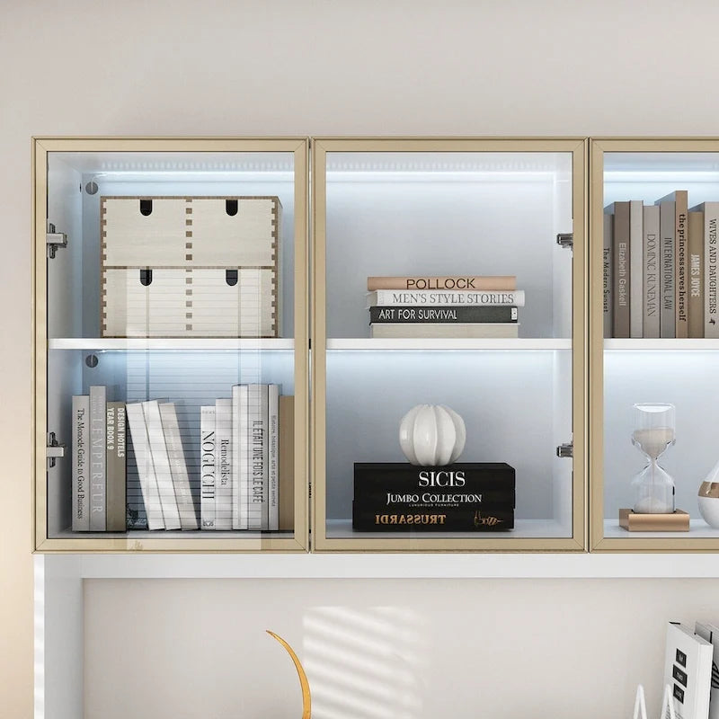 Tall Glass Door Display Cabinet with LED Lighting White Gold