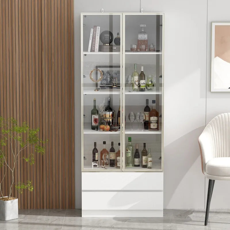 Tall Glass Door Display Cabinet with LED Lighting White Gold