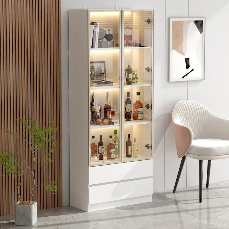 Tall Glass Door Display Cabinet with LED Lighting White Gold