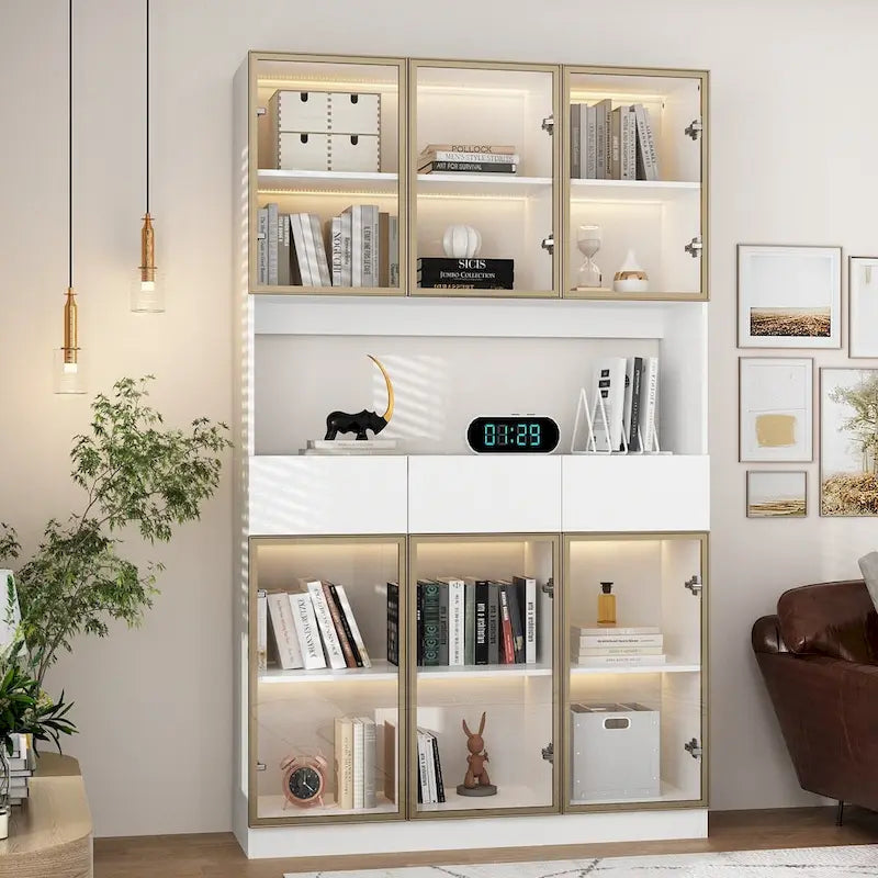 Tall Glass Door Display Cabinet with LED Lighting White Gold