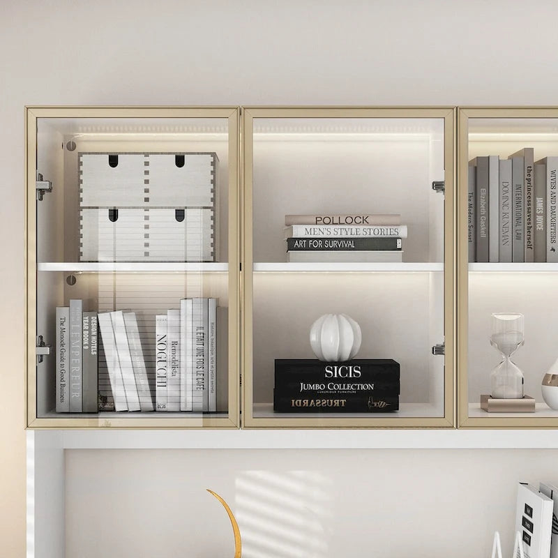Tall Glass Door Display Cabinet with LED Lighting White Gold
