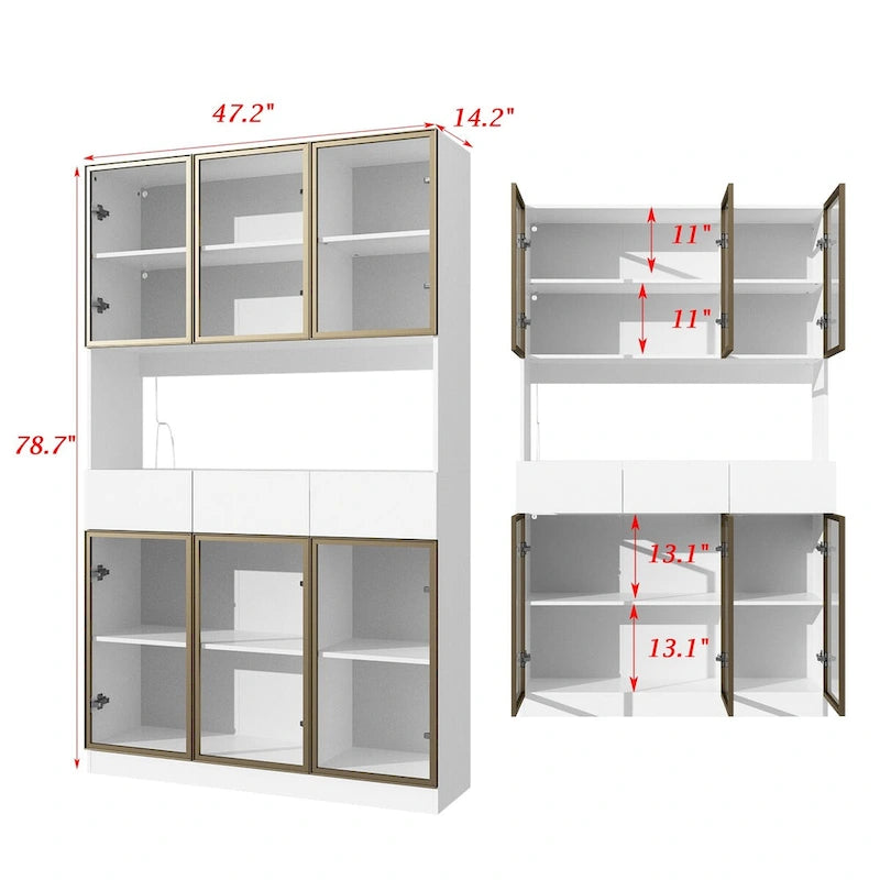 Tall Glass Door Display Cabinet with LED Lighting White Gold
