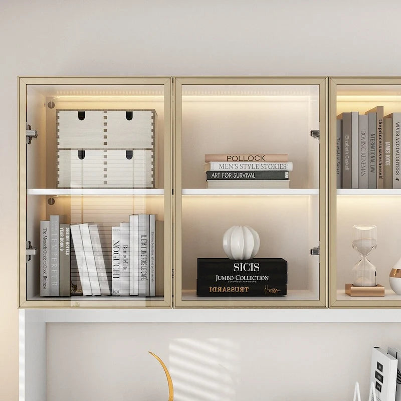 Tall Glass Door Display Cabinet with LED Lighting White Gold