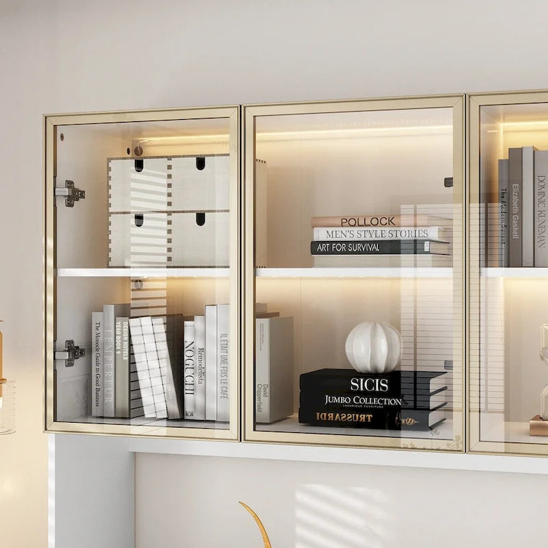 Tall Glass Door Display Cabinet with LED Lighting White Gold
