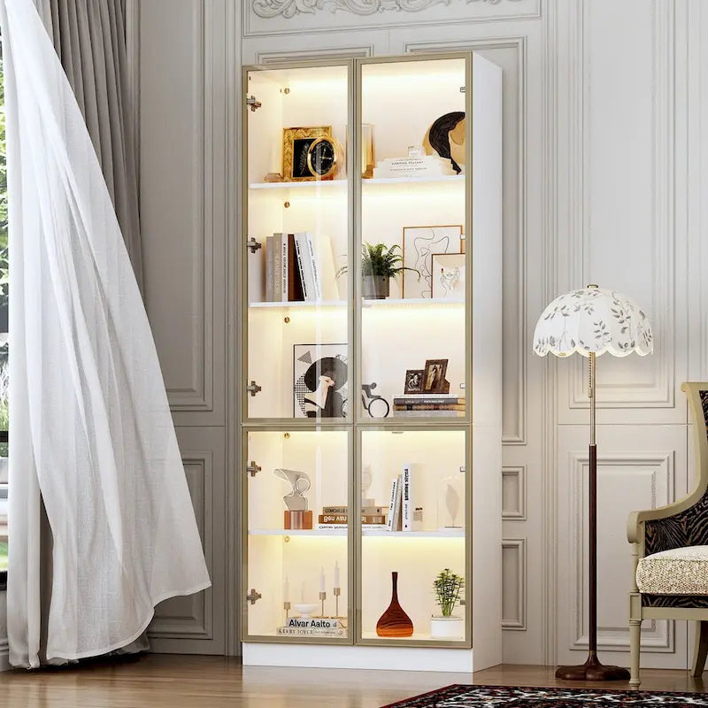 Tall Glass Door Display Cabinet with LED Lighting White Gold