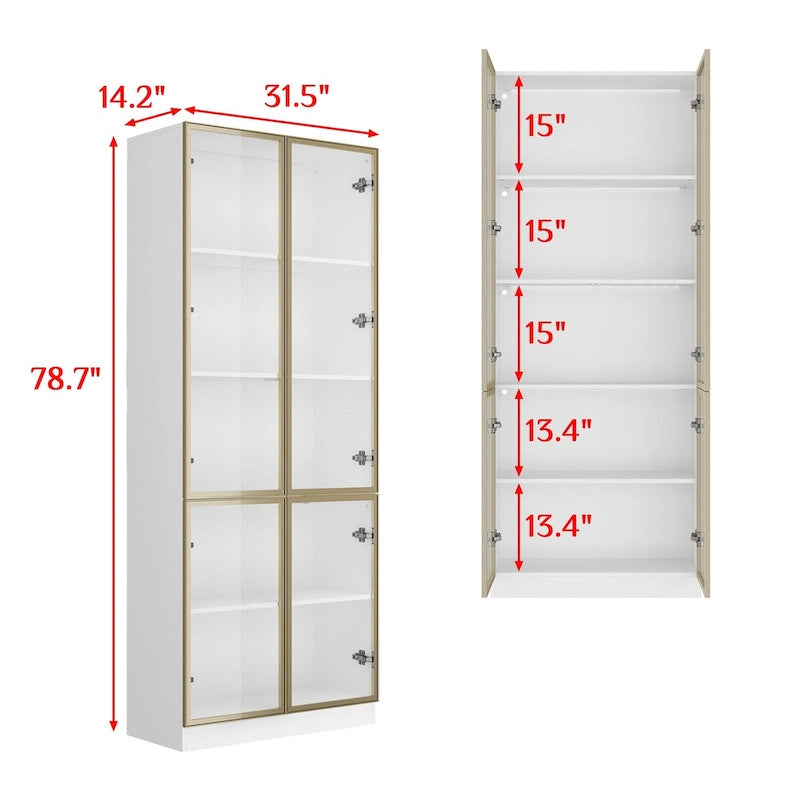 Tall Glass Door Display Cabinet with LED Lighting White Gold