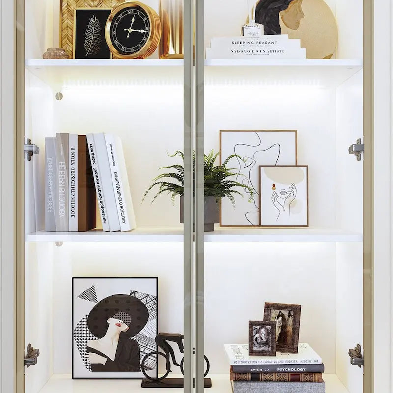 Tall Glass Door Display Cabinet with LED Lighting White Gold