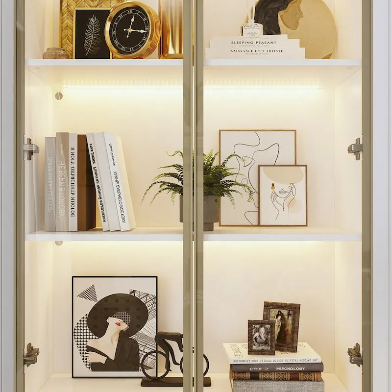 Tall Glass Door Display Cabinet with LED Lighting White Gold
