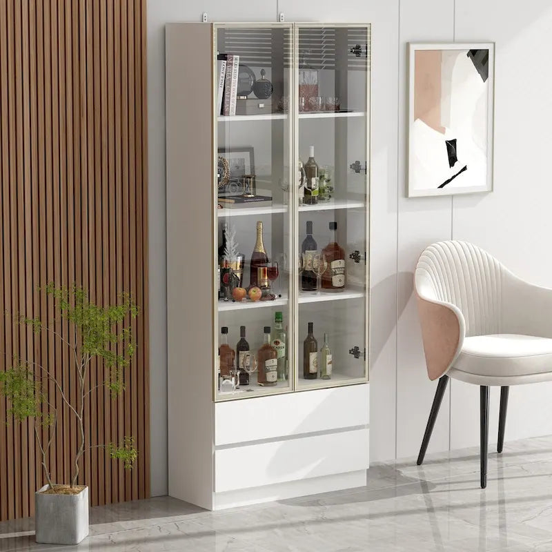 Tall Glass Door Display Cabinet with LED Lighting White Gold