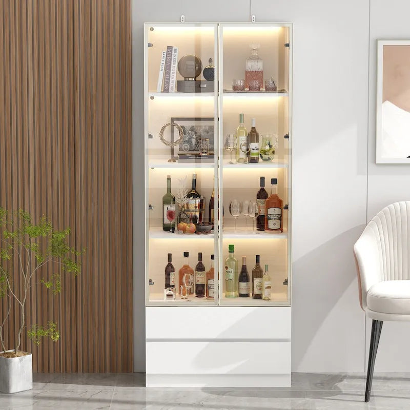 Tall Glass Door Display Cabinet with LED Lighting White Gold