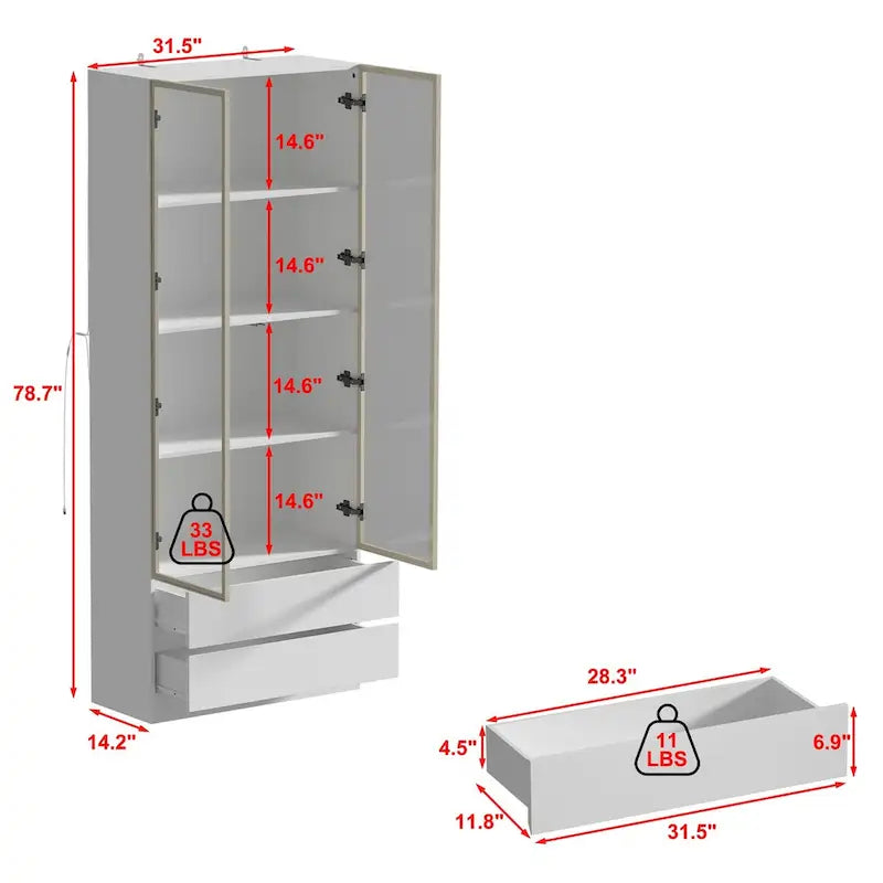 Tall Glass Door Display Cabinet with LED Lighting White Gold