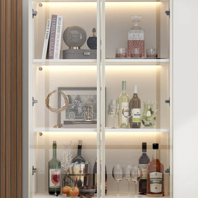 Tall Glass Door Display Cabinet with LED Lighting White Gold