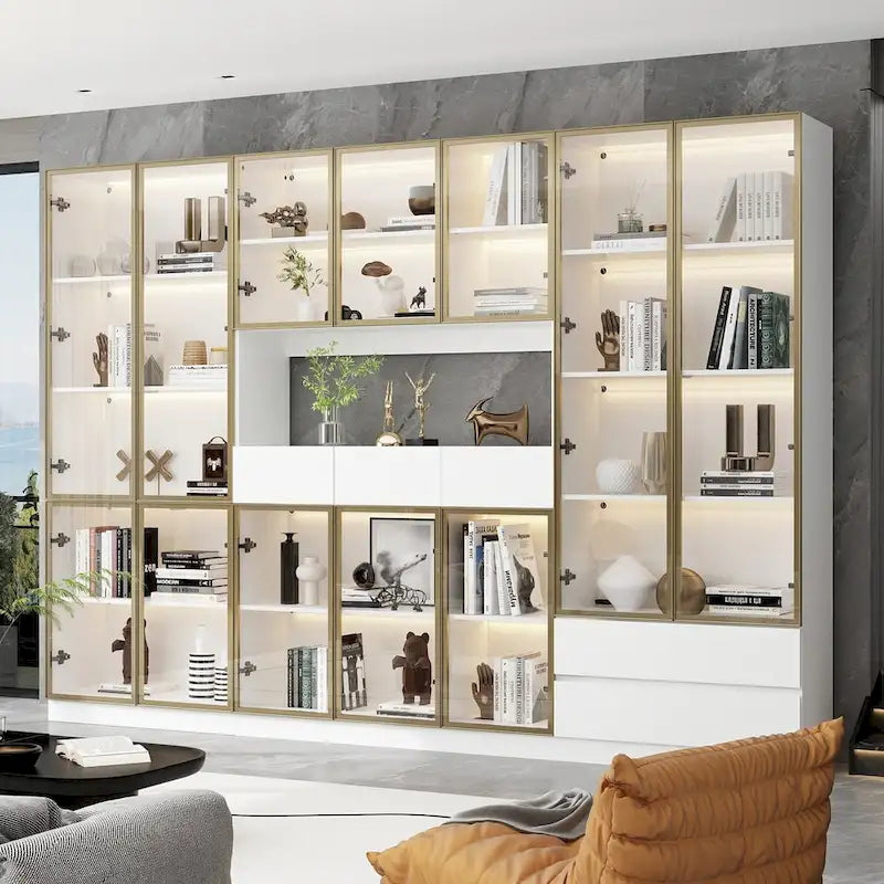 Tall Glass Door Display Cabinet with LED Lighting White Gold