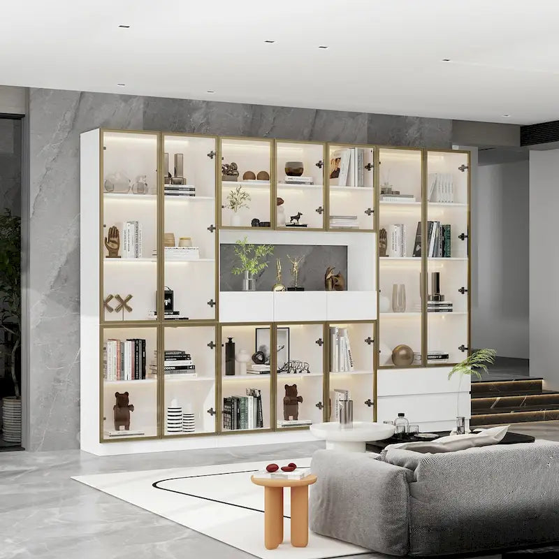 Tall Glass Door Display Cabinet with LED Lighting White Gold