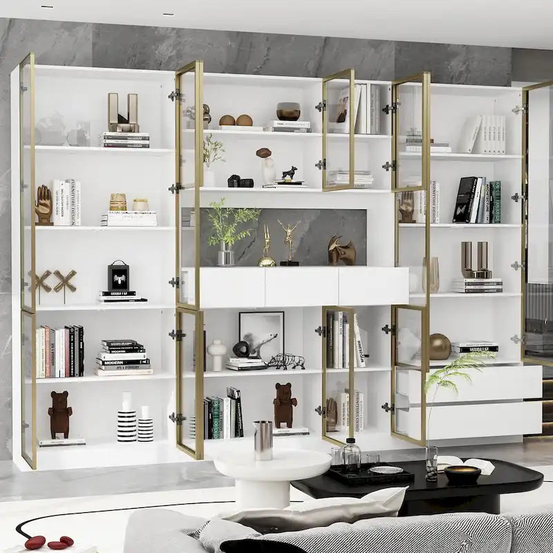 Tall Glass Door Display Cabinet with LED Lighting White Gold