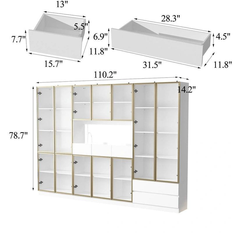 Tall Glass Door Display Cabinet with LED Lighting White Gold