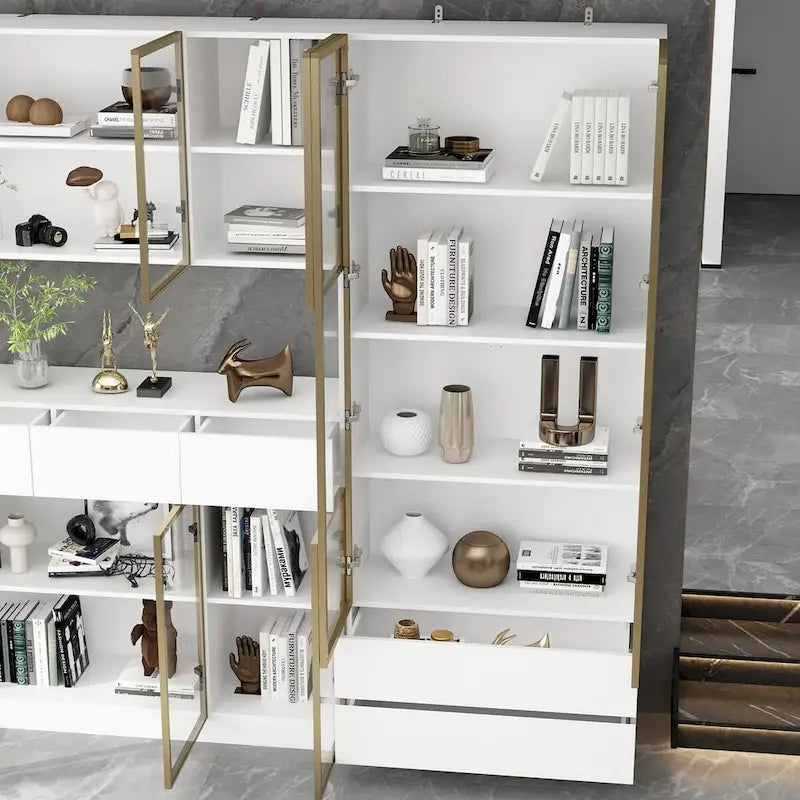 Tall Glass Door Display Cabinet with LED Lighting White Gold