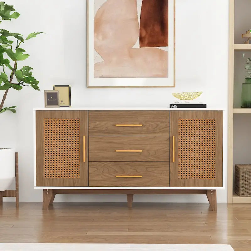 Meuble d'appoint en rotin avec tiroirs, coloris noir et blanc, rangement en bois