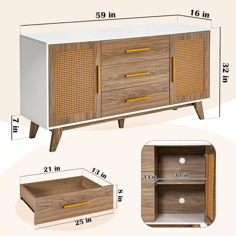 Rattan Side Cabinet with Drawers Black White Wood Storage