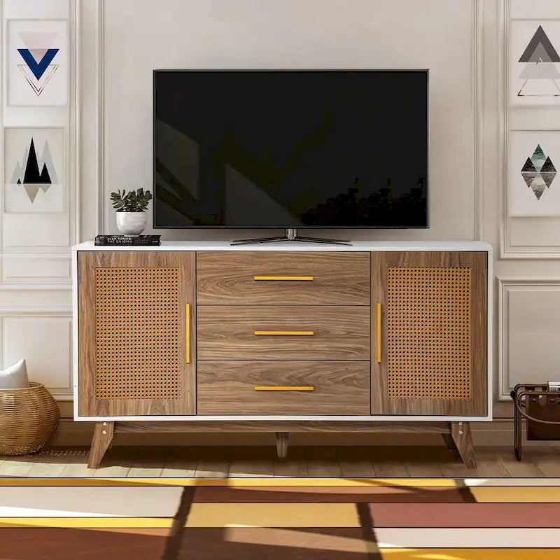 Rattan Side Cabinet with Drawers Black White Wood Storage