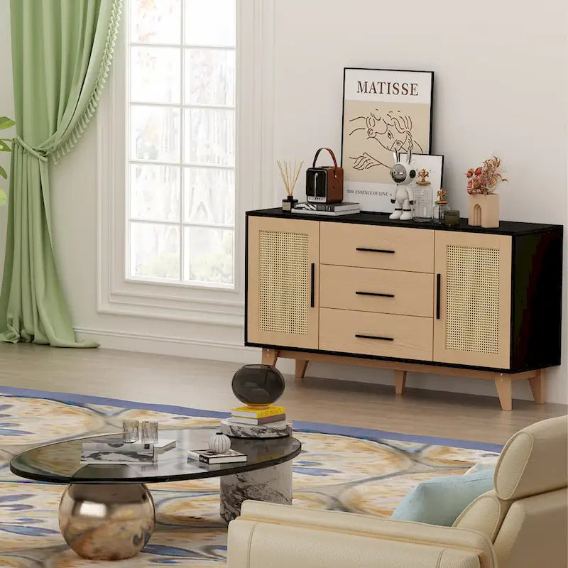 Rattan Side Cabinet with Drawers Black White Wood Storage