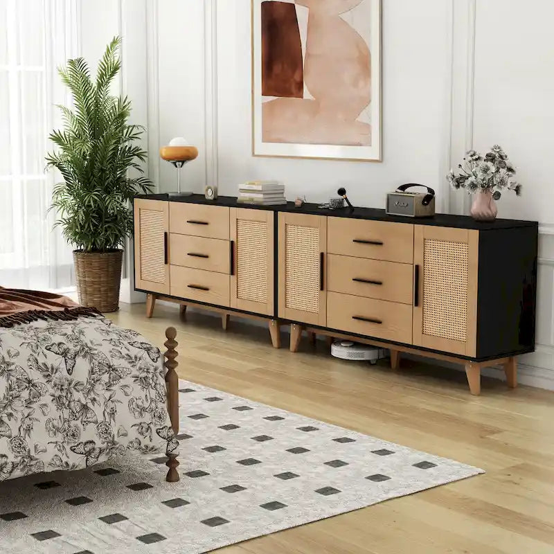 Rattan Side Cabinet with Drawers Black White Wood Storage