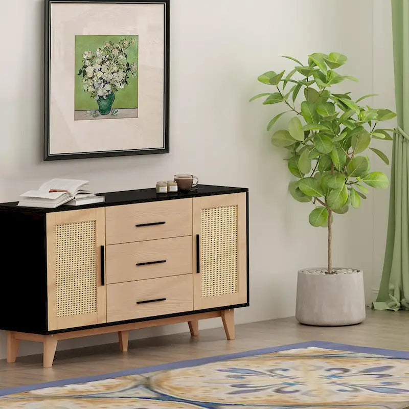 Rattan Side Cabinet with Drawers Black White Wood Storage