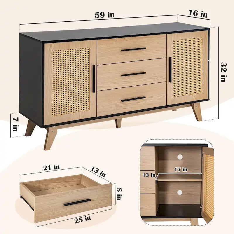 Rattan Side Cabinet with Drawers Black White Wood Storage