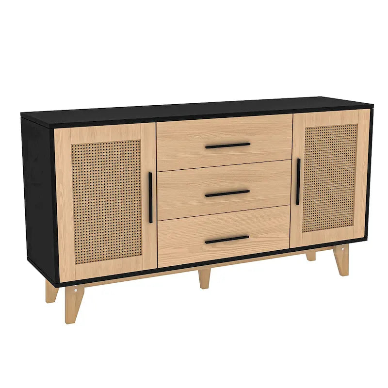 Rattan Side Cabinet with Drawers Black White Wood Storage