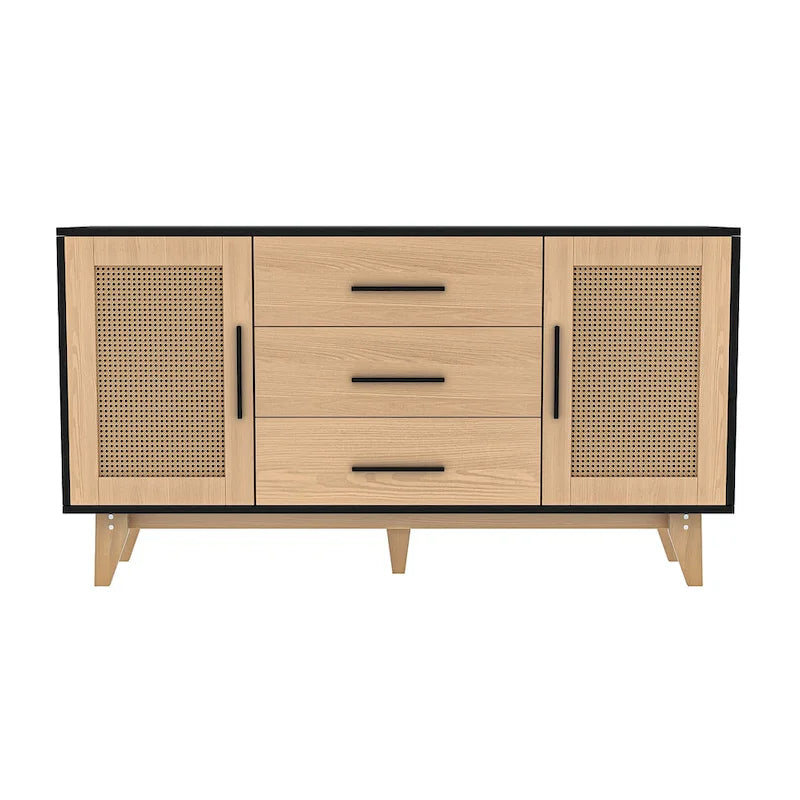 Rattan Side Cabinet with Drawers Black White Wood Storage