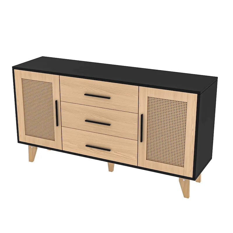 Rattan Side Cabinet with Drawers Black White Wood Storage