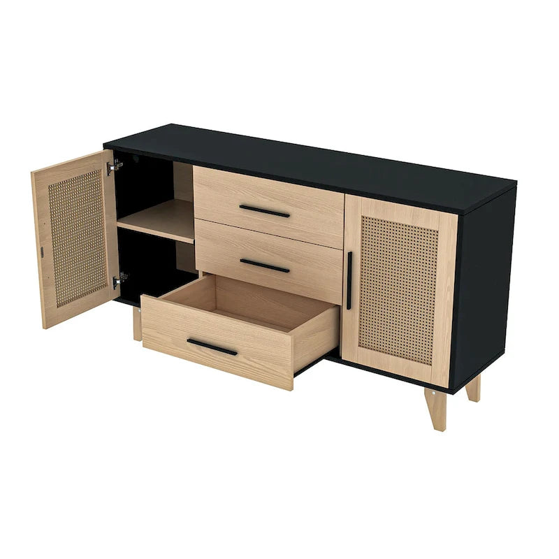 Rattan Side Cabinet with Drawers Black White Wood Storage