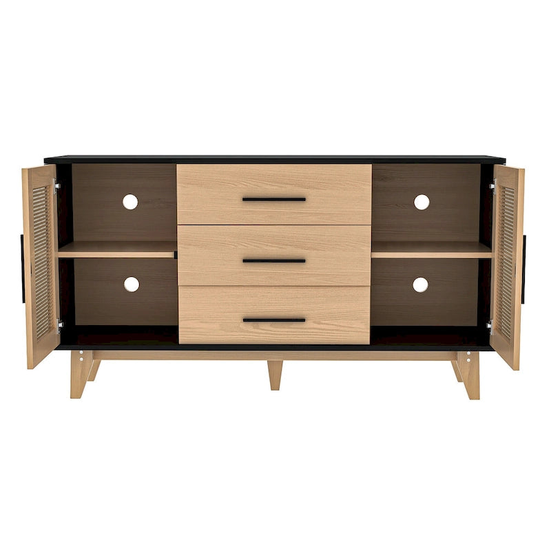 Rattan Side Cabinet with Drawers Black White Wood Storage