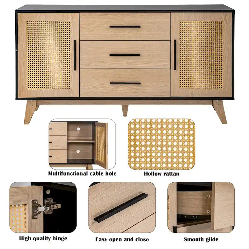 Rattan Side Cabinet with Drawers Black White Wood Storage