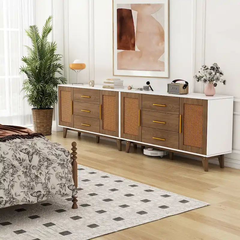 Rattan Side Cabinet with Drawers Black White Wood Storage